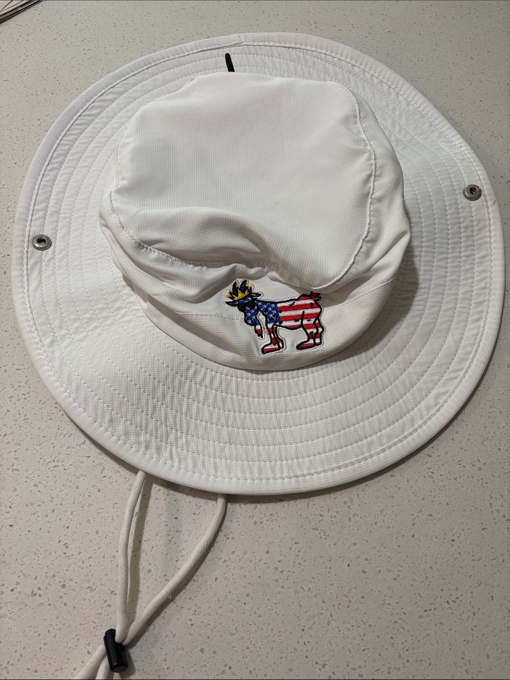 GOAT USA 🐐 🇺🇸 White Sun Bucket Hat with Patriotic Donkey Embroidery